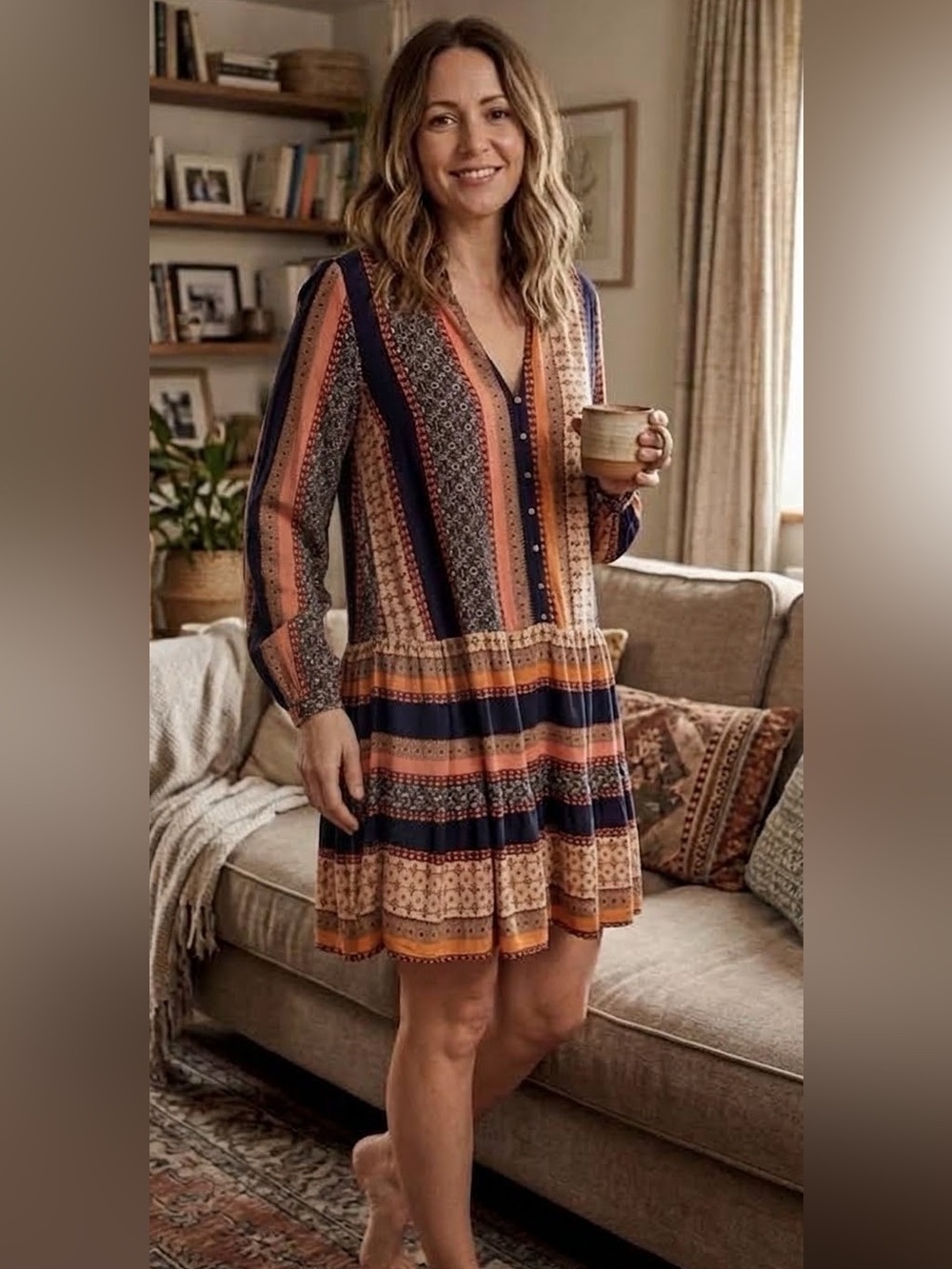 Boho Floral Geo Print Long Sleeve Tiered Mini Dress - V-Neck Henley. Size M - Picture 1 of 5